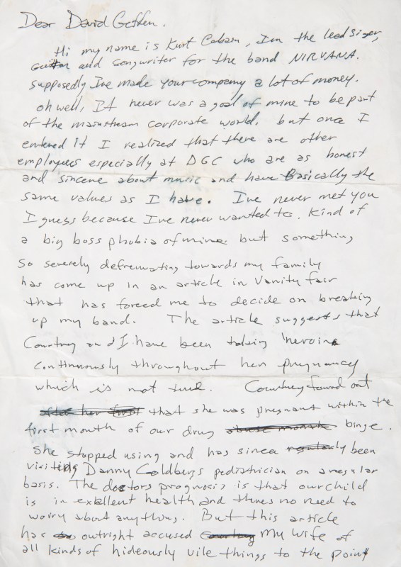 Kurt Cobain Handwritten Letter to David Geffen