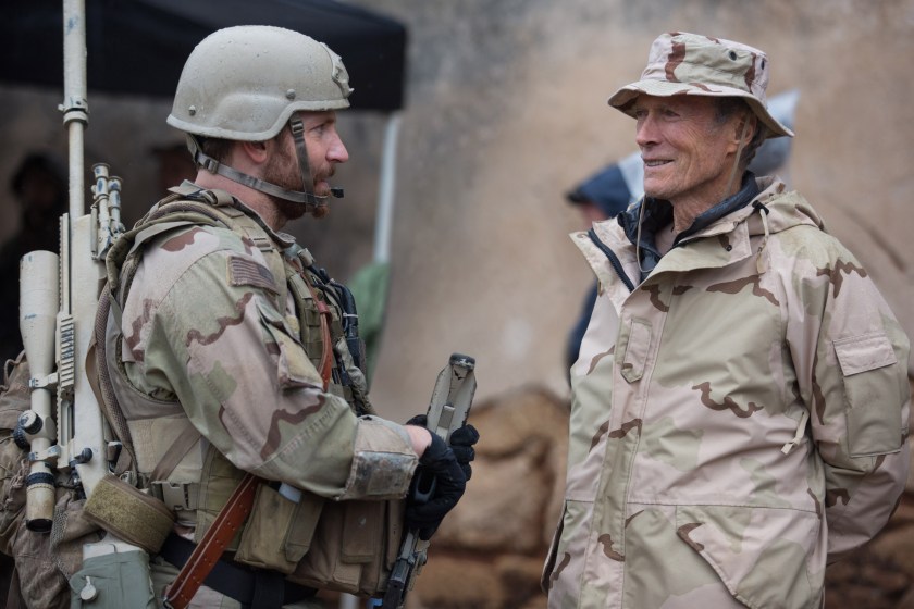 AMERICAN SNIPER - 2014 FILM STILL - Bradley Cooper and Director Clint Eastwood on set - Photo Credit: Keith Bernstein/Warner Bros (c) 2014 Warner Bros. Entertainment Inc., WV Films IV LLC and Ratpac-Dune Entertainment LLC-U.S., Canada, Bahamas & Bermuda