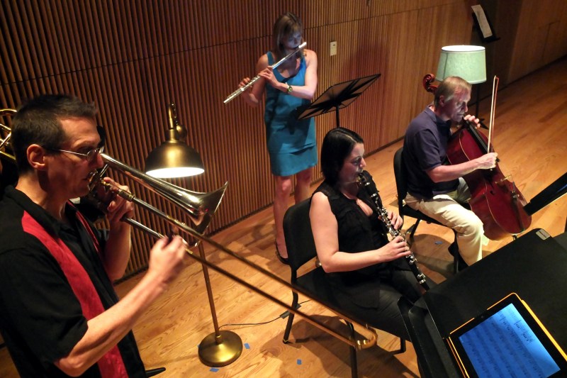 The [kaj] Ensemble performing Kevin James' "100 Waltzes for John Cage" at DiMenna Center for Classical Music using iPads as scores.(Hiroyuki Ito/Getty Images)