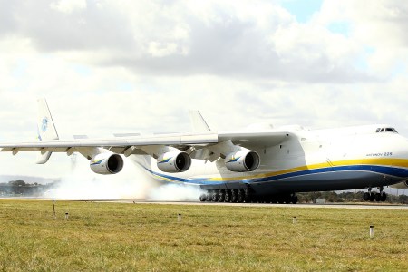 PERTH, AUSTRALIA - MAY 15:  The Antonov AN-225 Mriya lands at Perth International airport on May 15, 2016 in Perth, Australia. The Ukrainian cargo plane is 84 metres long and has a wingspan of 88.4 metres and is in Perth to  (Photo by Paul Kane/Getty Images)