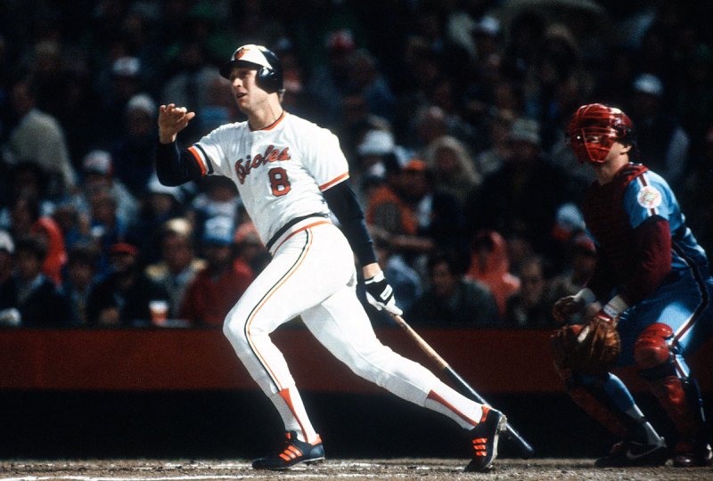 BALTIMORE, MD - OCTOBER 1983: Cal Ripken Jr. #8 of the Baltimore Orioles bats against the Philadelphia Phillies during the 1983 World Series October 1983 at Memorial Stadium in Baltimore, Maryland. Baltimore won the series 4 games to 1.. (Photo by Focus on Sport/Getty Images)