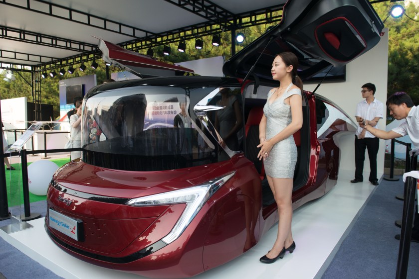 BEIJING, CHINA - JULY 02: The solar power vehicle Hanergy Solar L is displayed at the launching ceremony on July 2, 2016 in Beijing, China. Hanergy Holding Group launched 4 full solar power vehicles named Solar O, Solar L, Solar A and Solar R at a ceremony on Saturday in Beijing. (Photo by VCG/VCG via Getty Images)