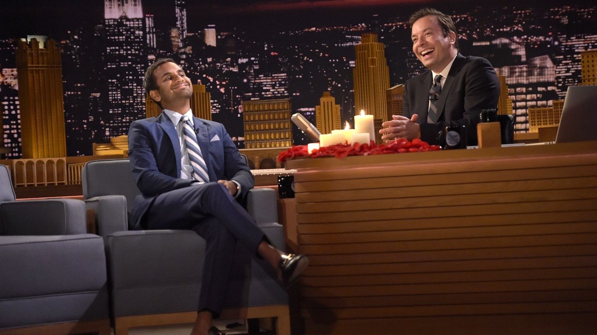 NEW YORK, NY - AUGUST 03:  Actor Aziz Ansari and host Jimmy Fallon appear on "The Tonight Show Starring Jimmy Fallon" at Rockefeller Center on August 3, 2016 in New York City.  (Photo by J. Kempin/Getty Images for NBC)