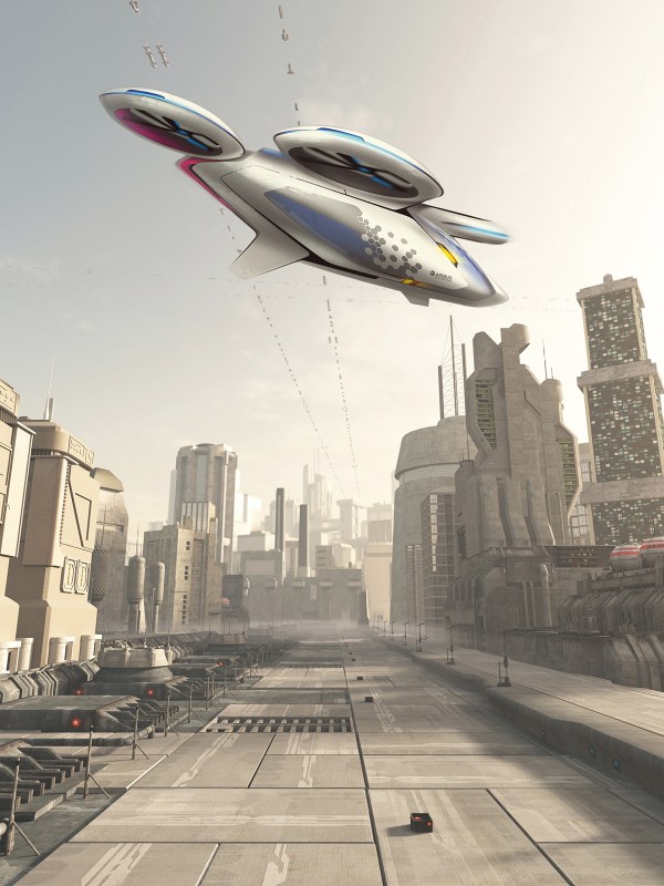 Illustration of a future city street with space cruiser and other aerial traffic overhead in hazy sunshine, 3d digitally rendered illustration. (Airbus Group)