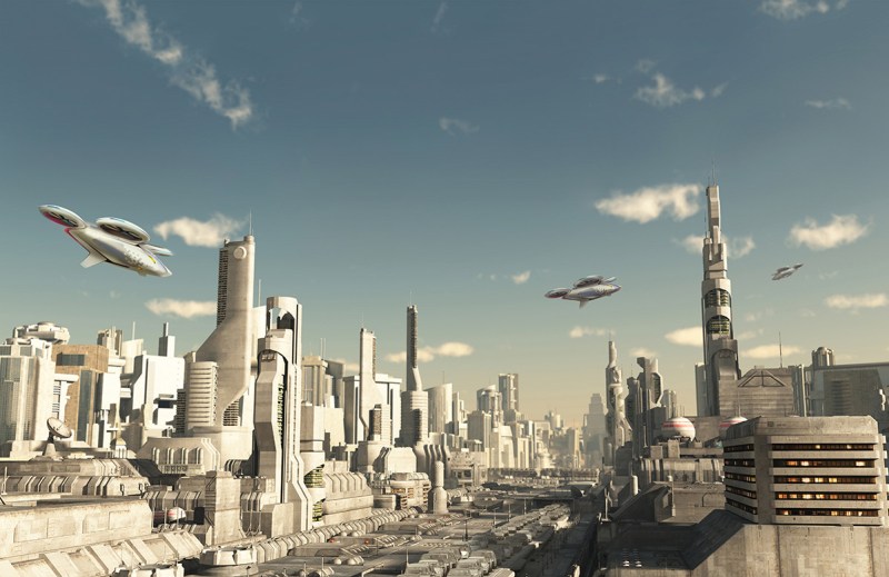 Illustration of a scout ship making a final approach to landing in a future city, 3d digitally rendered illustration. (Airbus Group)