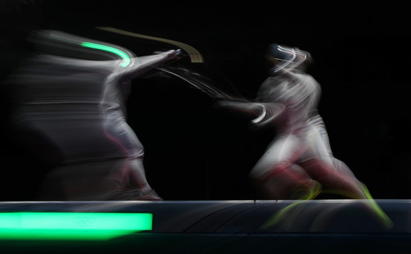 RIO DE JANEIRO, BRAZIL - AUGUST 13: Competitors are seen during the Gold medal match between Russia and Ukraine during the Women's Team Sabre at Carioca Arena 3 on August 13, 2016 in Rio de Janeiro, Brazil. (Photo by Ian MacNicol/Getty Images)