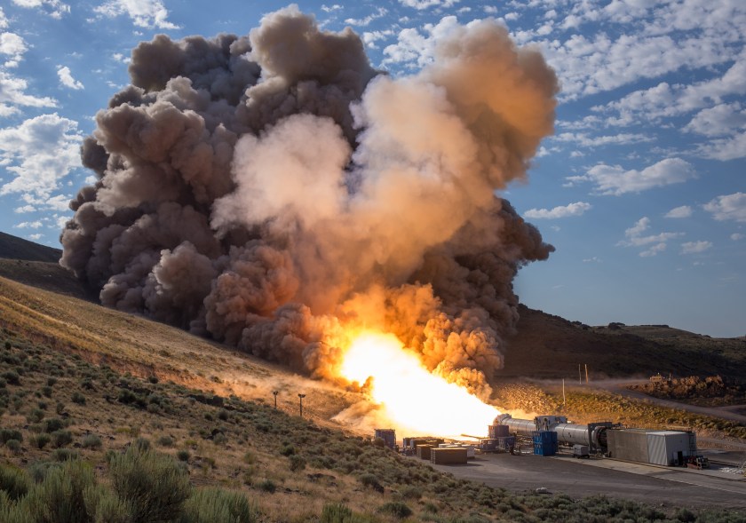 The second and final qualification motor (QM-2) test for the Space Launch System’s booster is seen, Tuesday, June 28, 2016, at Orbital ATK Propulsion Systems test facilities in Promontory, Utah. During the Space Launch System flight the boosters will provide more than 75 percent of the thrust needed to escape the gravitational pull of the Earth, the first step on NASA’s Journey to Mars. (NASA/Bill Ingalls)