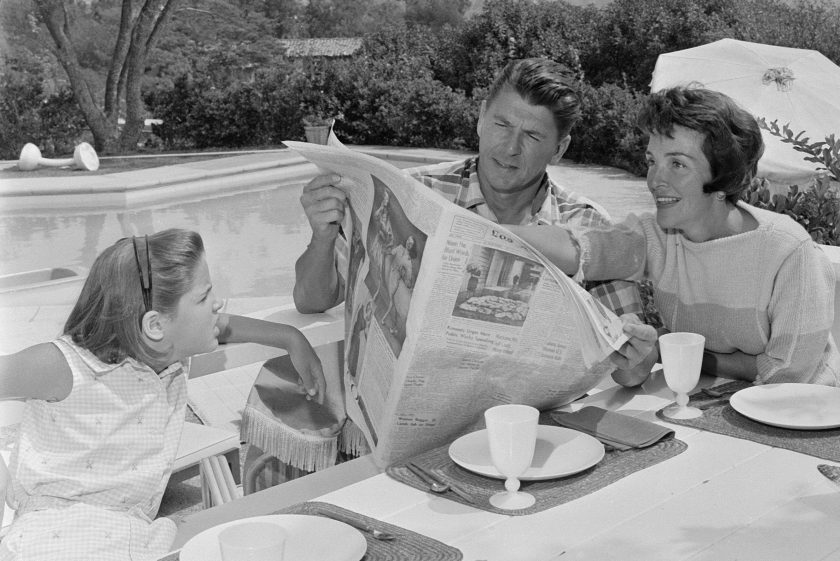 Ronald Reagan at home in Pacific Palisades with his wife Nancy Davis Reagan and their daughter, Patricia Ann, age 9 (Photo by CBS via Getty Images)