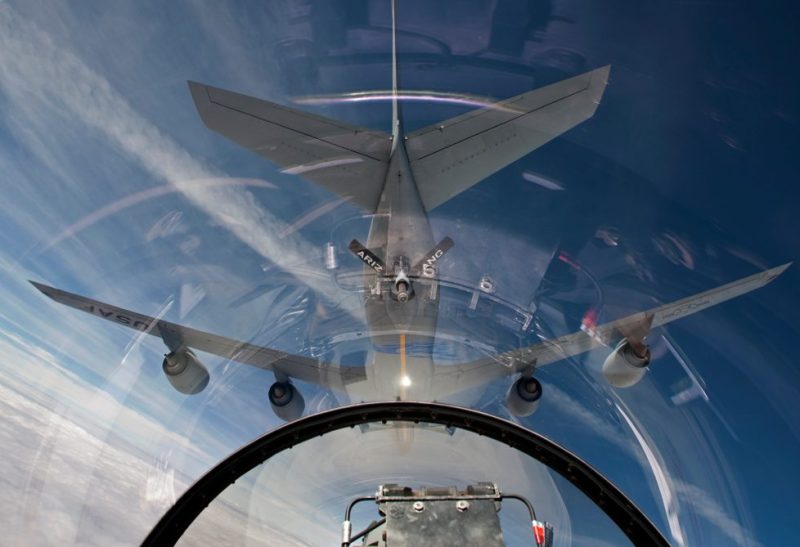 An F-16 flies in the pre-contact position behind a KC-135R from the Arizona Air National Guard. Credit: HIGH-G Productions/Stocktrek Images