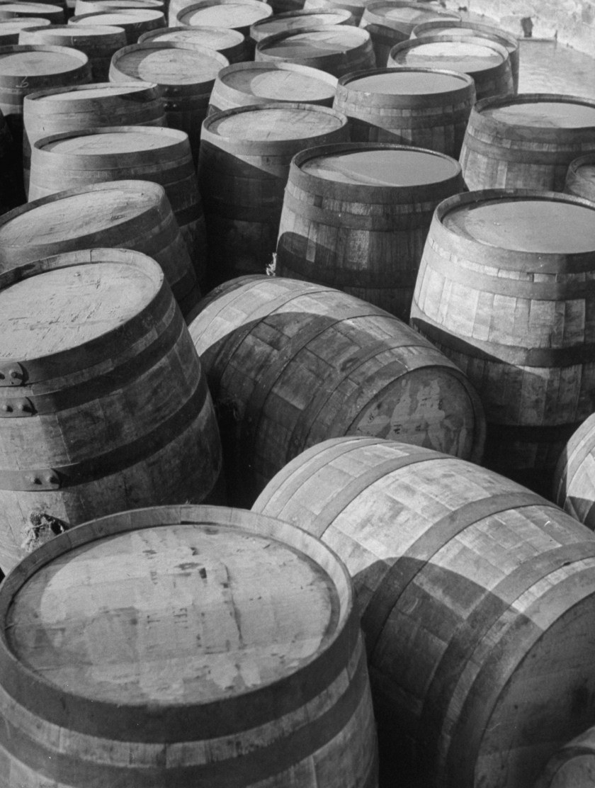 Barrels sitting in warehouse at Jack Daniels distillery. (Photo by Ed Clark/The LIFE Picture Collection/Getty Images)