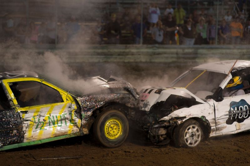 The two final drivers go head to head for the championship in the six-cylinder category in the annual demolition derby at the Cambria County Fair on September 8, 2016, in Ebensburg, Pennsylvania. In the tiny Pennsylvania town of Ebensburg, deep in the heart of America's Rust Belt, 80 cars signed up for the demolition derby at the Cambria County Fair. By the end, there were only two winners -- and 80 wrecks. / AFP / DOMINICK REUTER (Photo credit should read DOMINICK REUTER/AFP/Getty Images)