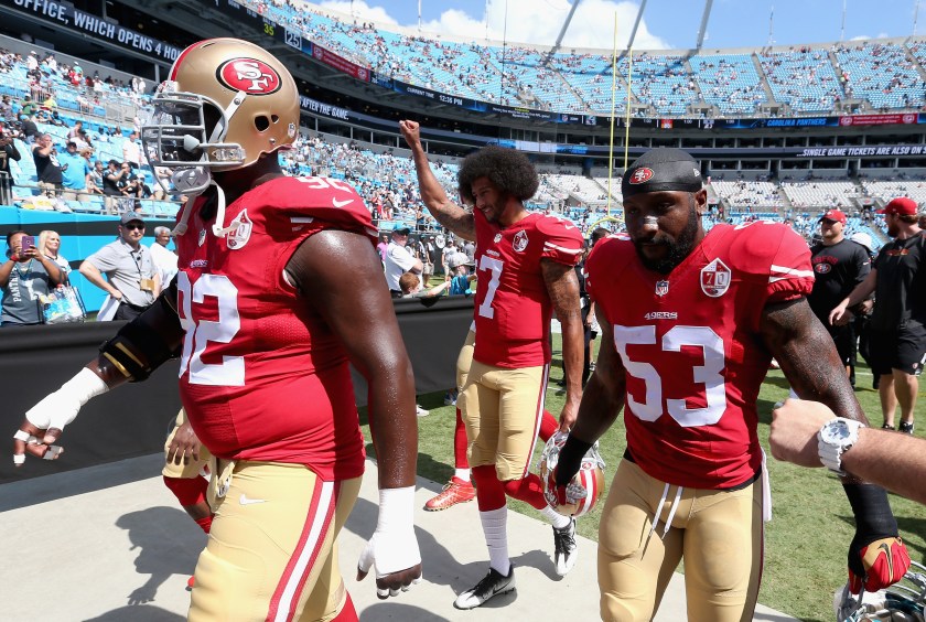 Colin Kaepernick #7 of the San Francisco 49ers walks to the locker room prior to their game against the Carolina Panthers at Bank of America Stadium on September 18, 2016 in Charlotte, North Carolina. (Streeter Lecka/Getty Images)