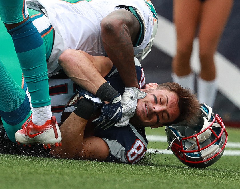 New England Patriots wide receiver Danny Amendola catches for a touchdown in the first quarter against the Miami Dolphins at Gillette Stadium in Foxborough, Mass., on Sept. 18, 2016. (Jim Davis/The Boston Globe via Getty Images)