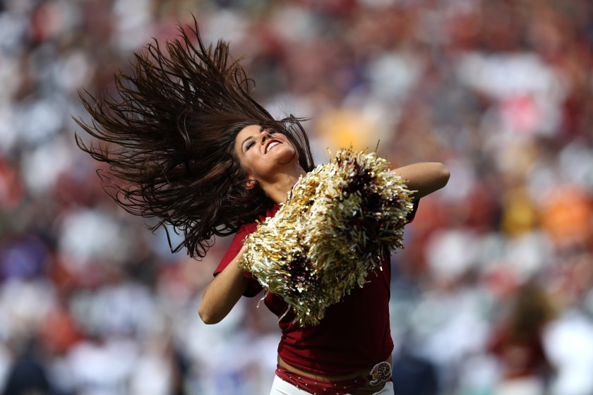 A Washington Redskins cheerleader performs during a game against the Dallas Cowboys at FedExField on September 18, 2016 in Landover, Maryland. (Patrick Smith/Getty Images)