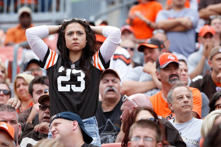 A Cleveland Browns fan reacts in the fourth quarter of the game against the Baltimore Ravens at FirstEnergy Stadium on September 18, 2016 in Cleveland, Ohio. The Ravens defeated the Browns 25-20. (Joe Robbins/Getty Images)