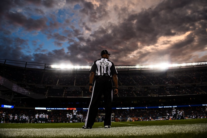 A referee watches the field during the game between the Chicago Bears and the Philadelphia Eagles at Soldier Field on September 19, 2016 in Chicago, Illinois. (Stacy Revere/Getty Images)