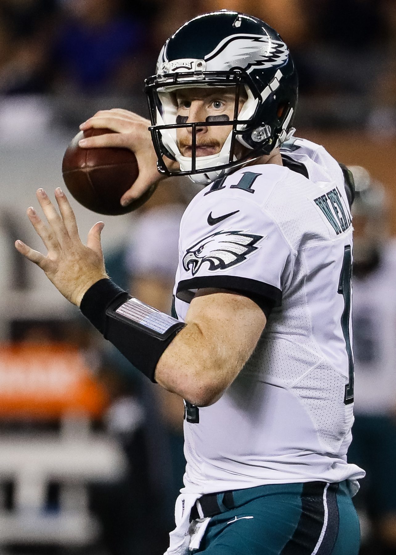 Quarterback Carson Wentz #11 of the Philadelphia Eagles looks to pass the football against the Chicago Bears in the first half at Soldier Field on September 19, 2016 in Chicago, Illinois.  (Jonathan Daniel/Getty Images)