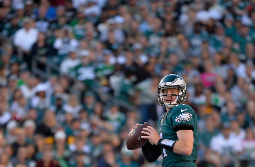 Quarterback Carson Wentz #11 of the Philadelphia Eagles looks to pass against the Pittsburgh Steelers in the second quarter at Lincoln Financial Field on September 25, 2016 in Philadelphia, Pennsylvania. (Alex Goodlett/Getty Images)