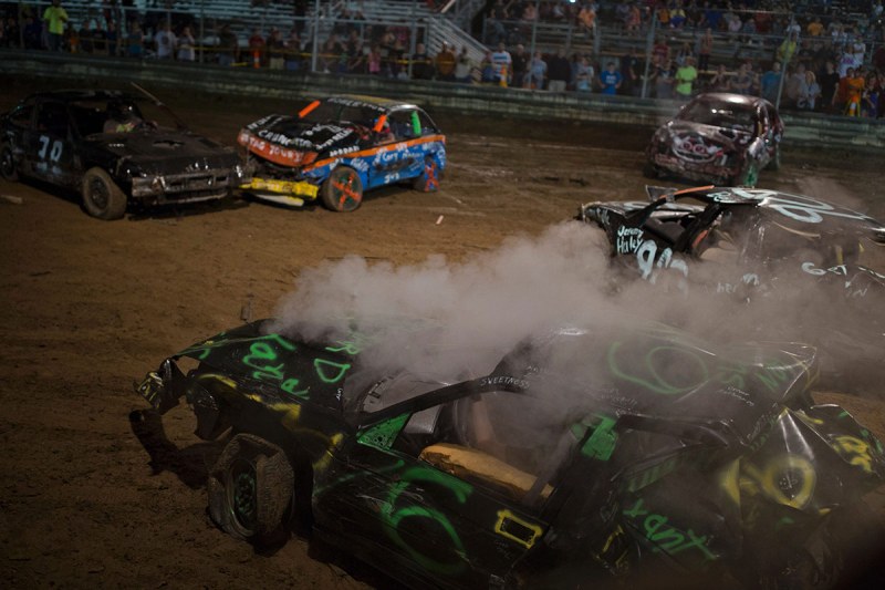 Drivers compete in the annual demolition derby at the Cambria County Fair on September 8, 2016, in Ebensburg, Pennsylvania. / AFP / DOMINICK REUTER (Photo credit should read DOMINICK REUTER/AFP/Getty Images)