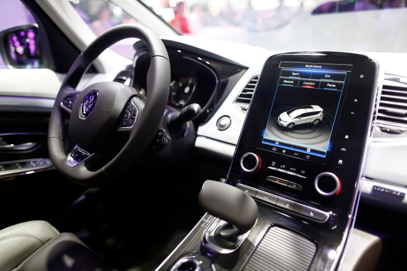 The driving control system and multi-sense computer panel sit on display inside the new Renault Espace automobile, produced by Renault SA, following its unveiling on the preview day at the Paris Motor Show in Paris, France, on Thursday, Oct. 2, 2014. (Simon Dawson/Bloomberg via Getty Images)