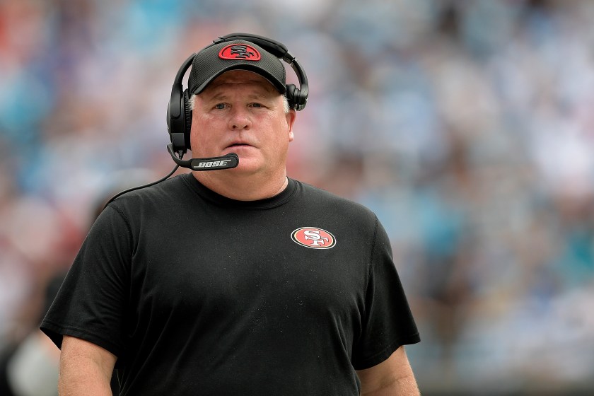 CHARLOTTE, NC - SEPTEMBER 18: Head coach Chip Kelly of the San Francisco 49ers watches his team during the game against the Carolina Panthers at Bank of America Stadium on September 18, 2016 in Charlotte, North Carolina. (Photo by Grant Halverson/Getty Images)