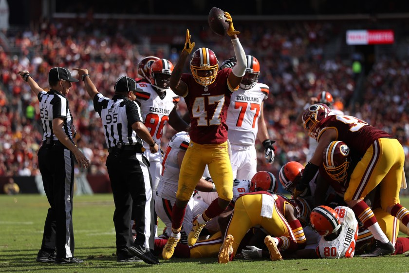 Cornerback Quinton Dunbar #47 of the Washington Redskins celebrates after recovering a fumble against the Cleveland Browns in the third quarter at FedExField on October 2, 2016 in Landover, Maryland. (Photo by Patrick Smith/Getty Images)