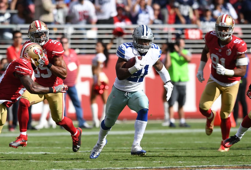 Ezekiel Elliott #21 of the Dallas Cowboys rushes against the San Francisco 49ers at Levi's Stadium on October 2, 2016 in Santa Clara, California. (Thearon W. Henderson/Getty Images)