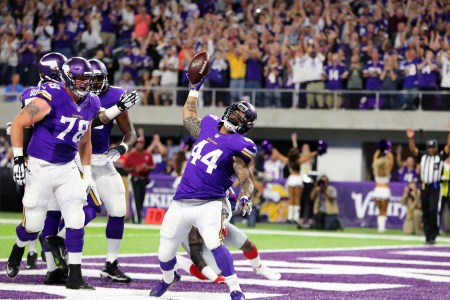 Matt Asiata #44 of the Minnesota Vikings rushes for a touchdown in the first quarter of the game against the New York Giants on October 3, 2016 at US Bank Stadium in Minneapolis, Minnesota. (Adam Bettcher/Getty Images)