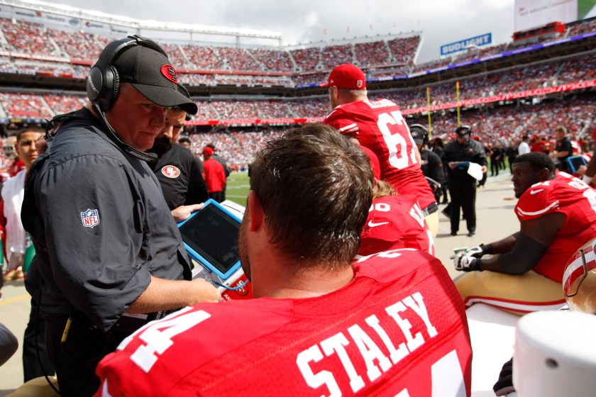 Head Coach Chip Kelly of the San Francisco 49ers talks with Joe Staley #74 on the sideline during the game against the Dallas Cowboys at Levi Stadium on October 2, 2016 in Santa Clara, California. The Cowboys defeated the 49ers 24-17. (Michael Zagaris/San Francisco 49ers/Getty Images)