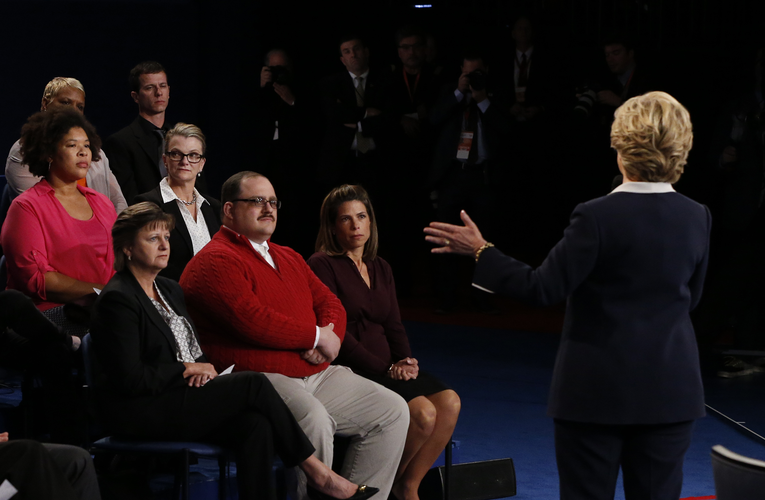 US Democratic presidential candidate Hillary Clinton speaks during the second presidential debate with Ken Bone (center) at Washington University in St. Louis, Missouri, on October 9, 2016. (Jim Bourg/AFP/Getty Images)