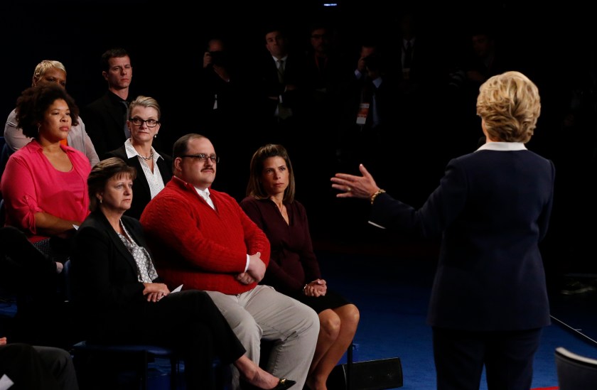 US Democratic presidential candidate Hillary Clinton speaks during the second presidential debate with Ken Bone (center) at Washington University in St. Louis, Missouri, on October 9, 2016. (Jim Bourg/AFP/Getty Images)