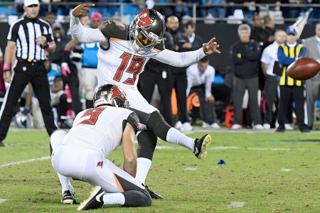 Roberto Aguayo #19 of the Tampa Bay Buccaneers kicks the game-winning field goal as time expires against the Carolina Panthers during the game at Bank of America Stadium on October 10, 2016 in Charlotte, North Carolina. The Buccaneers won 17-14.  (Grant Halverson/Getty Images)