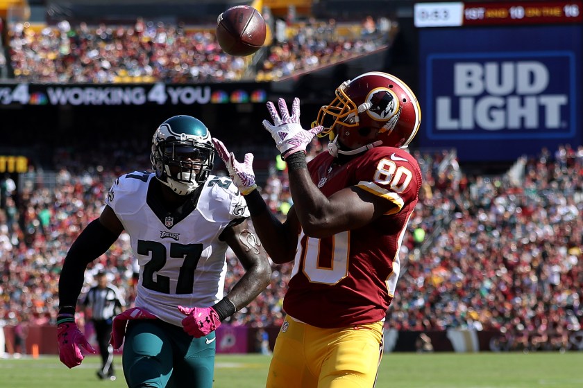 Wide receiver Jamison Crowder #80 of the Washington Redskins scores a first quarter touchdown past strong safety Malcolm Jenkins #27 of the Philadelphia Eagles at FedExField on October 16, 2016 in Landover, Maryland. (Patrick Smith/Getty Images)