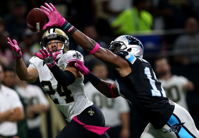 Sterling Moore #24 of the New Orleans Saints intercepts a pass over Devin Funchess #17 of the Carolina Panthers during the second quarter at the Mercedes-Benz Superdome on October 16, 2016 in New Orleans, Louisiana. (Sean Gardner/Getty Images)