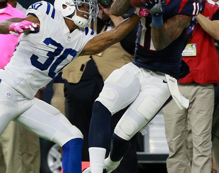 Jaelen Strong #11 of the Houston Texans makes a catch over Rashaan Melvin #30 of the Indianapolis Colts in the fourth quarter at NRG Stadium on October 16, 2016 in Houston, Texas. (Bob Levey/Getty Images)