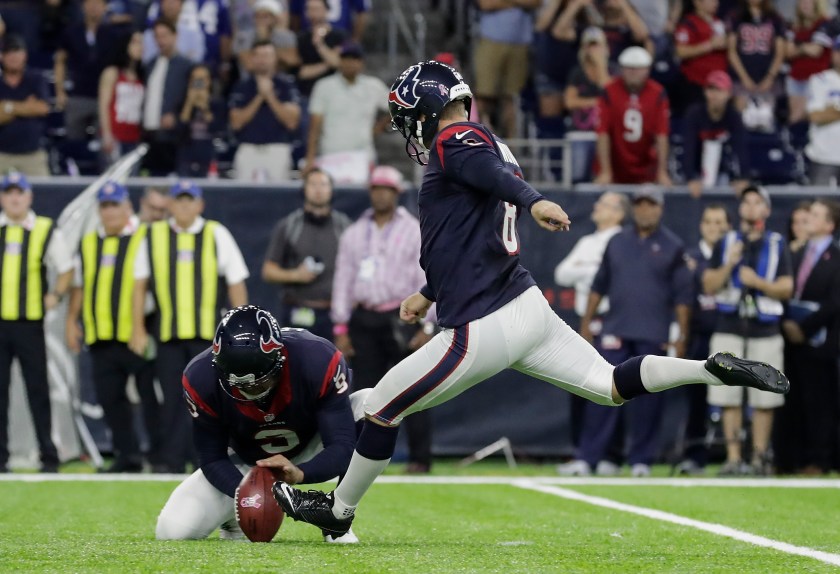 Nick Novak #8 of the Houston Texans completes a winning 33 yard field goal during overtime at NRG Stadium on October 16, 2016 in Houston, Texas. (Photo by Tim Warner/Getty Images)