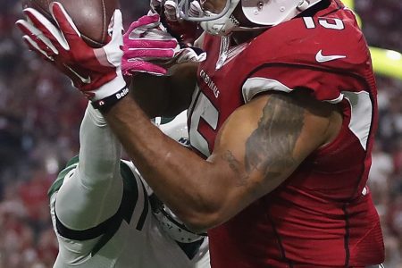 Wide receiver Michael Floyd #15 of the Arizona Cardinals makes a 9-yard touchdown reception against cornerback Darryl Roberts #27 of the New York Jets in the fourth quarter during the NFL game at the University of Phoenix Stadium on October 17, 2016 in Glendale, Arizona.  (Christian Petersen/Getty Images)