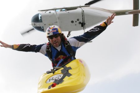 Skyaker Miles Daisher 'Skyaks' out of a helicopter in Mexico. Danger man Miles Daisher casts a bizarre image paddling across the sky - 13,000 feet up in a kayak. The daredevil has turned extreme sport skydiving on its head after deciding to jump out of a plane in equipment normally used only in water - giving birth to 'skyaking'.  (John Charles Colclasure / Barcroft Media / Getty Images)