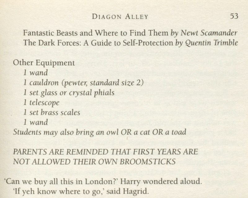 The first edition of Harry Potter and the Philosopher's Stone is also known for the repetition on page 53 of '1 wand' in the list of equipment that pupils must take with them to Hogwarts at the beginning of term. This error was corrected in subsequent editions. The first edition comes in various formats, but the most valuable is the first impression of the hardback, which must carry the number sequence 10 9 8 7 6 5 4 3 2 1 on the reverse of the title-page. The second impression of the hardback is also of some value, as is the first impression of the paperback.(Bonhams)