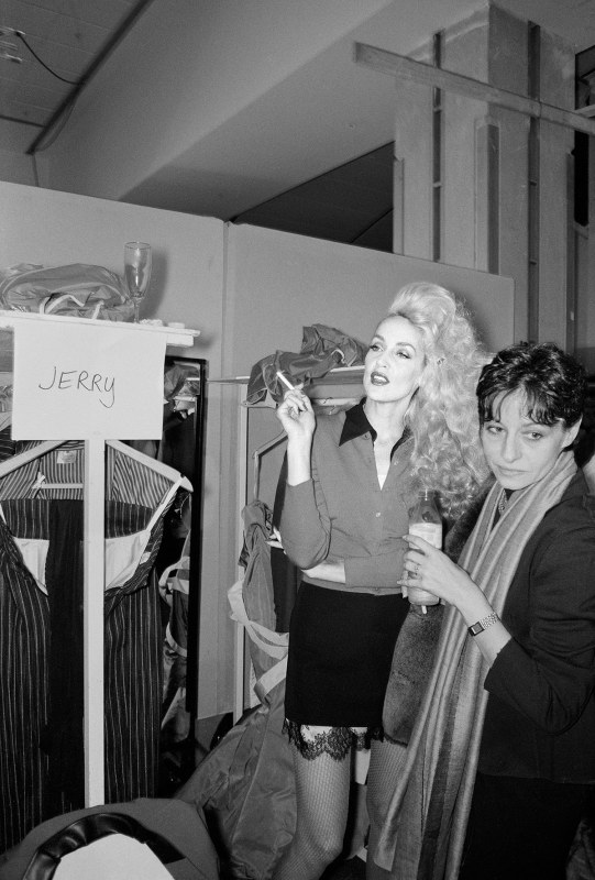 Jerry Hall backstage at the Vivienne Westwood fashion show, Paris, 1996 (Miles Ladin)