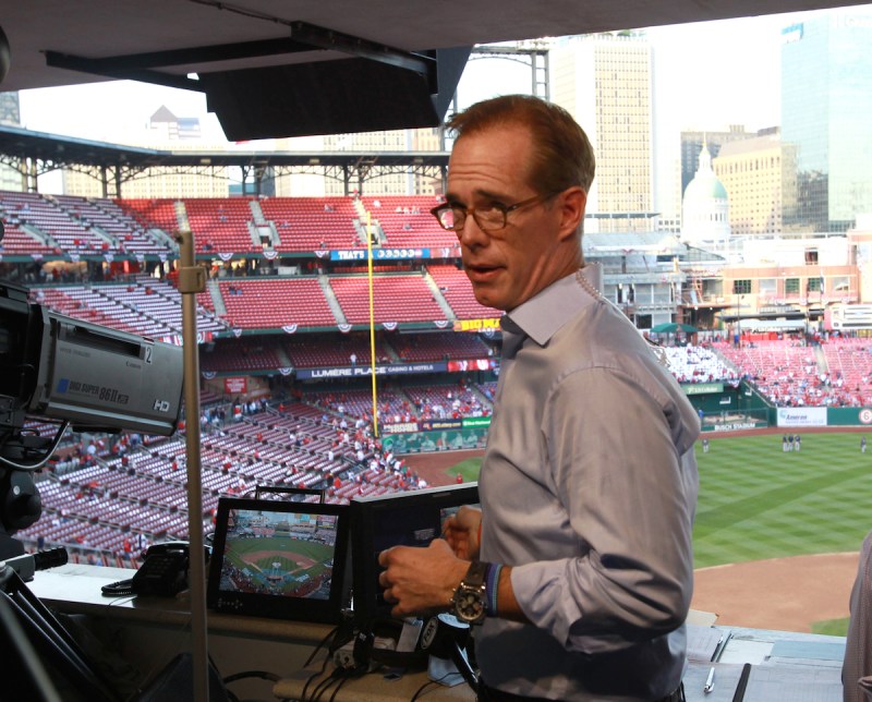 ST. LOUIS - OCTOBER 28: Broadcaster Joe Buck in broadcast booth before the game. The St. Louis Cardinals host the Boston Red Sox at Busch Stadium for Game Five of the 2013 Major League Baseball World Series, Oct. 28, 2013. (Photo by John Blanding/The Boston Globe via Getty Images)