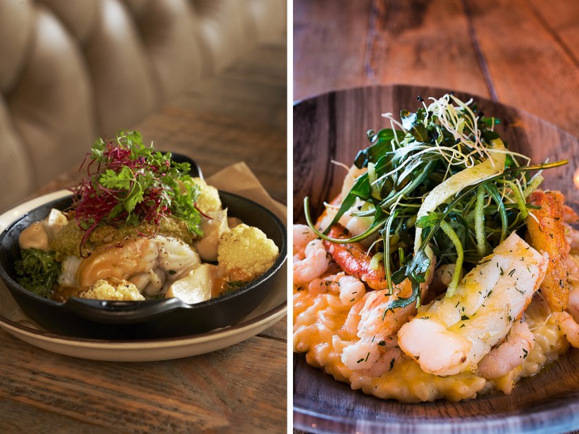 From left: Lobster and crab risotto at Kopar; Salted fillet of Icelandic cod, with quinoa, roasted hazelnuts at Kopar (Inspired by Iceland)