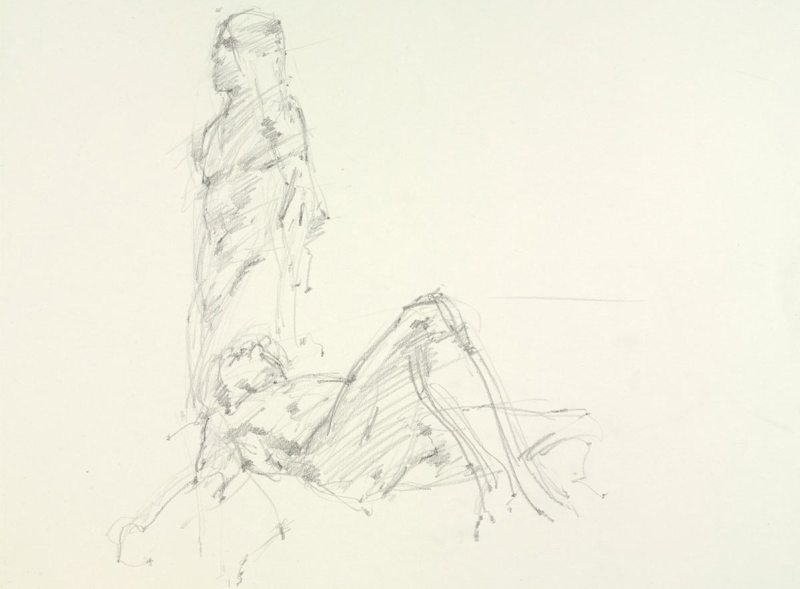 Tobias Hall, Untitled (Two poses: Standing and lying), from Iggy Pop Life Class, 2016. Graphite pencil on paper. (Sarah DeSantis/Brooklyn Museum)