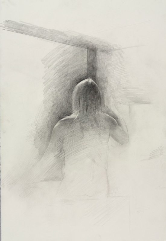 Jeremy Day, Untitled (Seated pose, back view), from Iggy Pop Life Class, 2016. Graphite pencil on paper. (Sarah DeSantis/Brooklyn Museum)