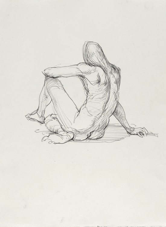 Guno Park, Untitled (Sitting pose), from Iggy Pop Life Class, 2016. Black ballpoint pen on paper. Brooklyn Museum Collection. (Sarah DeSantis/Brooklyn Museum)