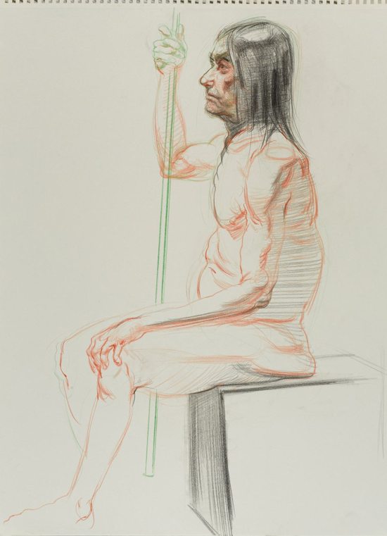 Angel Ramirez, Untitled (Seated pose), from Iggy Pop Life Class, 2016. Colored pencils and charcoal on paper. (Sarah DeSantis/Brooklyn Museum)