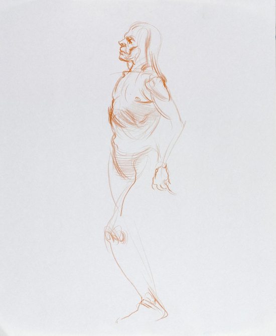 Angel Ramirez, Untitled (Standing pose), from Iggy Pop Life Class, 2016. Orange colored pencil on paper. (Sarah DeSantis/Brooklyn Museum)