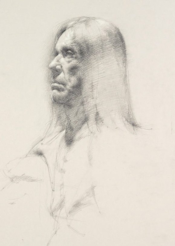 Tobias Hall, Untitled (Seated pose, detail of face), from Iggy Pop Life Class, 2016. Graphite pencil with touches of white chalk on paper. Brooklyn Museum Collection. (Sarah DeSantis/Brooklyn Museum)