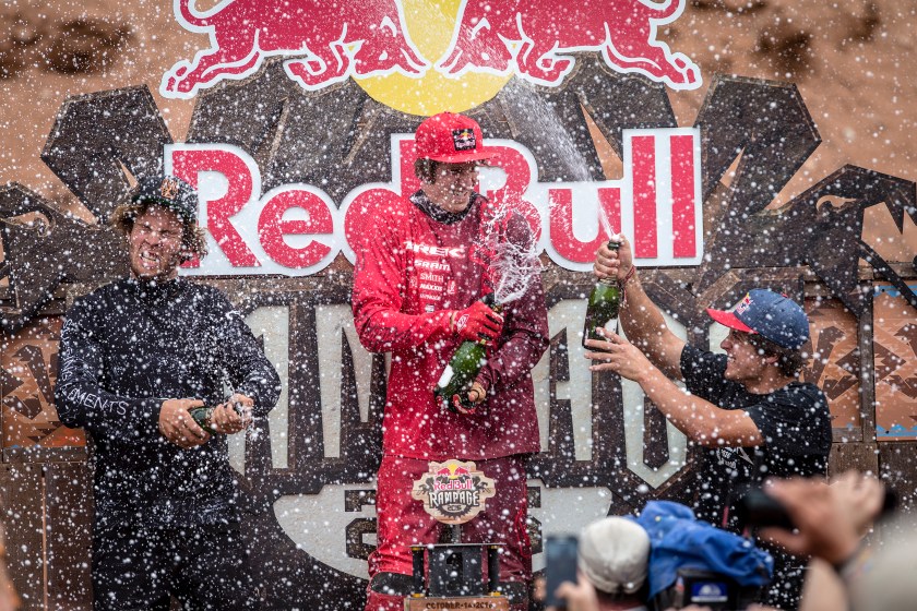 Antoine Bizet, Brandon Semenuk, and Carson Storch celebrate on the podium rides during Red Bull Rampage in Virgin, UT, USA on 14 October, 2016. // Christian Pondella/Red Bull Content Pool // P-20161015-00430 // Usage for editorial use only // Please go to www.redbullcontentpool.com for further information. //