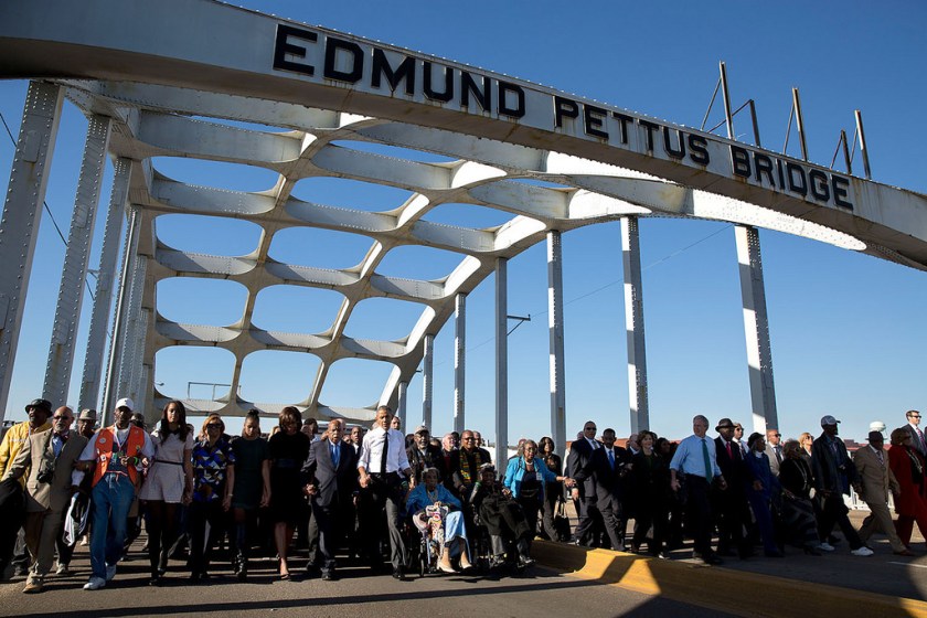 President Barack Obama, First Lady Michelle Obama and the First Family are joined by former President George W. Bush, former First Lady Laura Bush, Rep. John Lewis, D-Ga., former foot soldiers and other dignitaries in marching across the Edmund Pettus Bridge to commemorate the 50th Anniversary of Bloody Sunday and the Selma to Montgomery civil rights marches, at the Edmund Pettus Bridge in Selma, Ala., March 7, 2015. (Official White House Photo by Pete Souza)